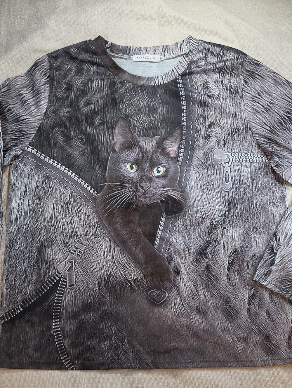 MISSLOOK Cute Black Cat Graphic Long Sleeve Jersey Top 2XL